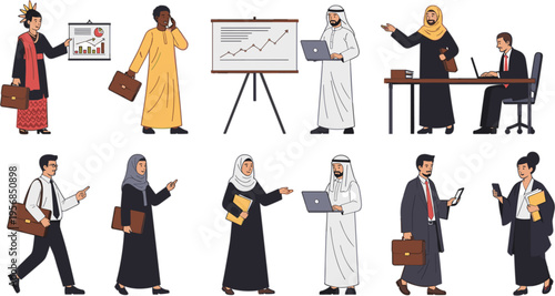 Large vector collection of diverse professional characters in traditional and modern business attire for global corporate