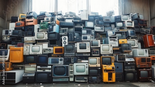 massive wall of stacked vintage televisions, crt monitors, radios and audio equipment in a warehouse, nostalgic clutter and retro decay