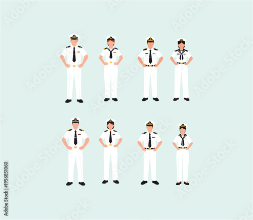 Professional vector illustration set of male and female navy officers and sailors wearing white formal uniforms and hats isolated on background