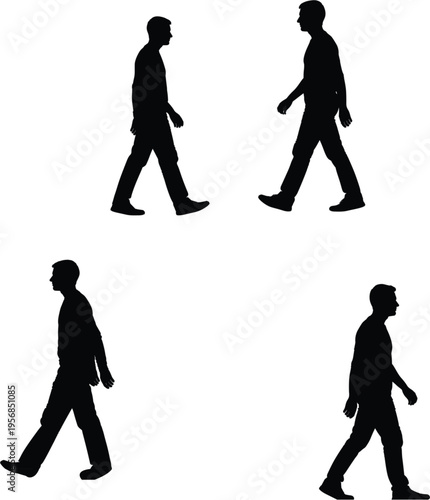 Set of black vector silhouettes of men walking in side profile view isolated on white background for architectural visualization and urban design
