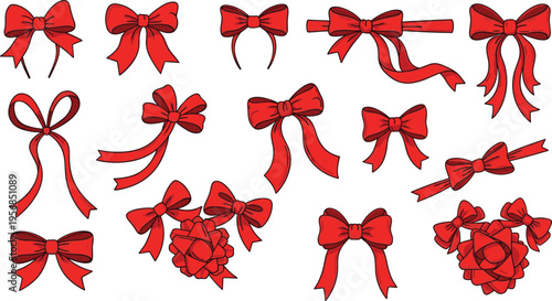 Red Ribbon Bow Collection with Decorative Gift Wrapping Elements Elegant Knots and Festive Bows for Holiday Packaging Celebration and Design Use