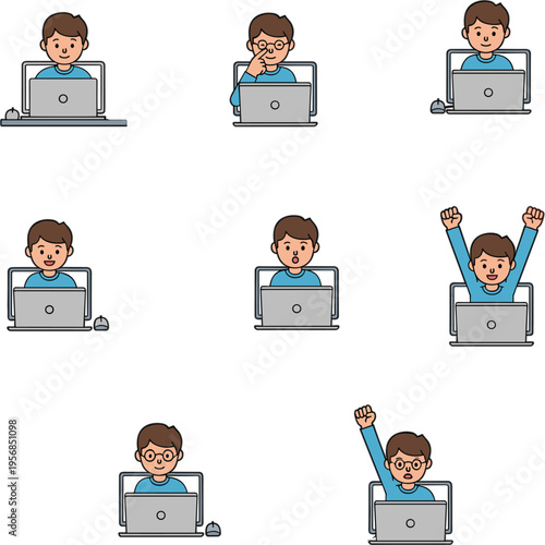 Set of cute boy character using laptop with various expressions and emotions for online learning education and technology concepts
