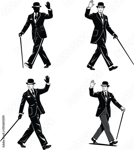 Vintage style vector illustration of a gentleman in a classic suit and bowler hat walking with a cane