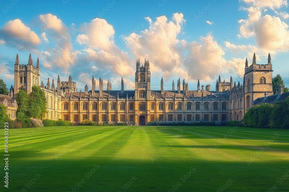 Fototapeta premium Sunlit historic gothic campus building with towers and sweeping manicured lawn beneath a dramatic cloud-filled blue sky, serene and majestic mood