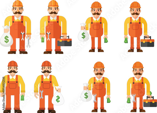 Set of professional construction worker character holding money bag and toolbox for industrial finance and labor cost concepts isolated vector illustration