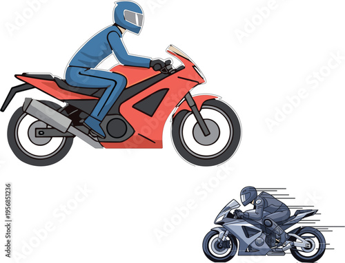 Set of professional vector illustrations featuring a biker riding a red sport motorcycle and a racer in high speed motion isolated