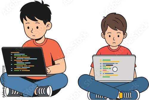 Set of young boy characters sitting and coding on laptops for kids programming education and early STEM learning technology concepts