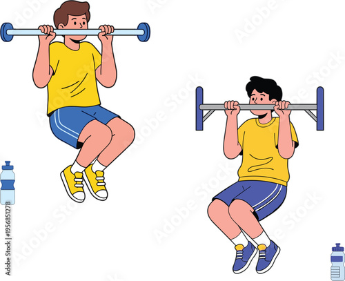 Set of young male characters performing pull ups on a horizontal bar with water bottles for fitness and calisthenics workout concepts
