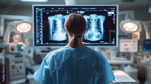 medical professional in surgical gown viewing chest x-ray images on a large monitor in a dim operating room, focused and concerned