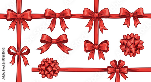Red Ribbon Gift Wrapping Set with Horizontal and Vertical Bows, Decorative Present Straps, Festive Knot Elements for Holiday Packaging Vector Illustration