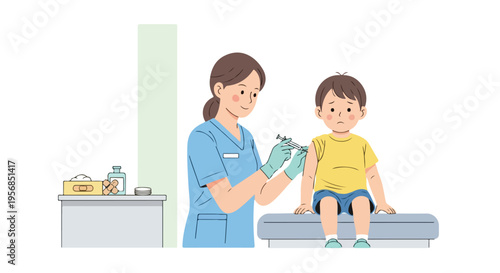 A female healthcare worker in blue scrubs administers a vaccination to a young boy sitting on an examination table during World Immunization Week