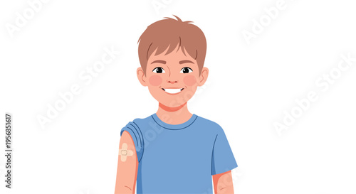 A cheerful young boy with a bandaged arm smiling at the camera on World Immunization Week