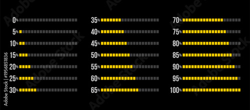 yellow progress bar percentage diagrams set, started 0 finished 100, increase 5, infographic elements collection, user interface vector illustration, pie chart dashboard