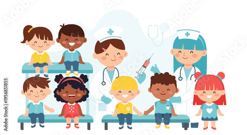 Diverse group of children and a nurse sitting on examination tables celebrating world immunization week with a medical theme and colorful tones