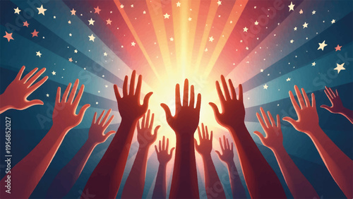 Vector illustration of hands reaching for starry night sky with radiant light