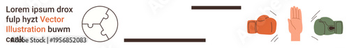 Teamwork, negotiation skills, conflict management, problem-solving, communication, collaboration. A globe puzzle connects to a hand blocking a punch. Conflict resolution and communication concepts