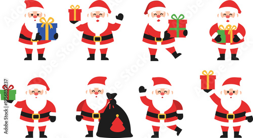 Santa Claus Christmas Set with Gifts, Bag, and Different Poses for Holiday Illustration, Festive Design, and Winter Celebration Cartoon Collection