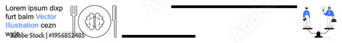 Decision-making, work-life balance, mental health, career challenges, nutrition, equality. Brain on a plate and two people on scales. Decision-making and work-life balance concepts