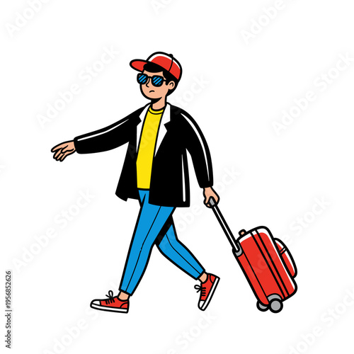 Person rolling suitcase in bold graphic vector illustration