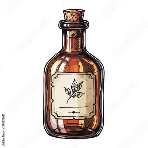 Vintage apothecary glass bottle with handwritten label in sketch style