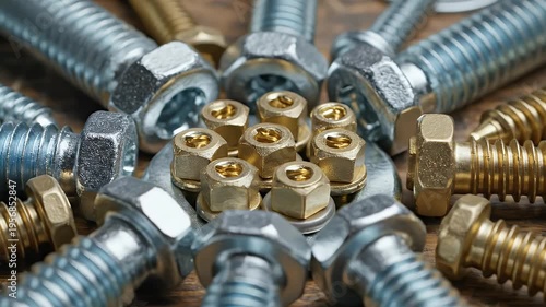 Wallpaper Mural Metal hardware arrangement on wood surface, creating a radial composition Torontodigital.ca