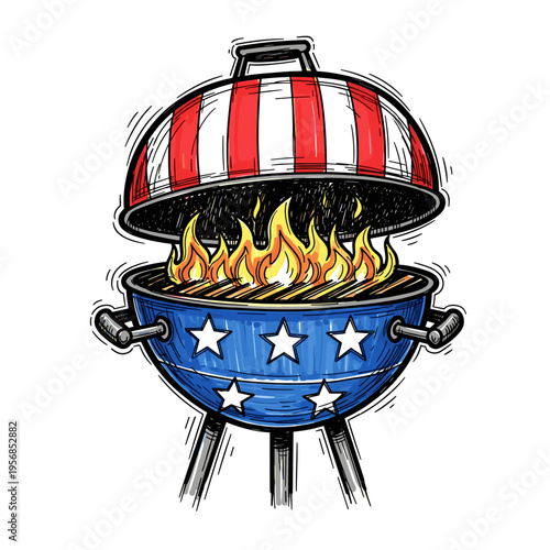 Barbecue grill patriotic emblem in sketch style