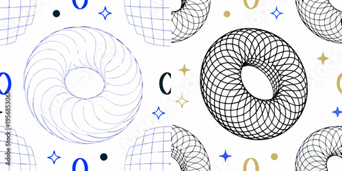 Abstract geometric pattern featuring toruses and scattered star shapes