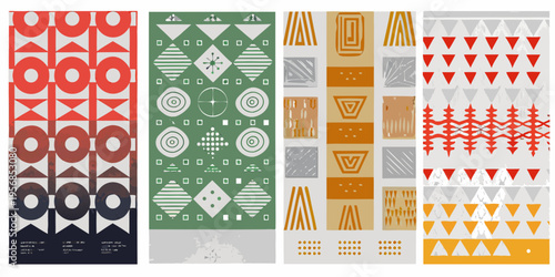 Four vertical panels displaying vibrant geometric patterns and abstract designs