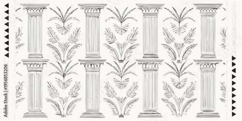 Elegant illustration of classical columns intertwined with tropical foliage