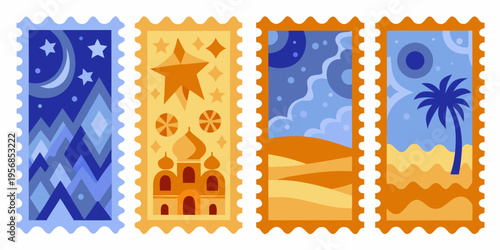 Four decorative postage stamps featuring nighttime and desert scenes
