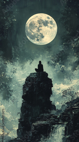 A solitary figure meditates on a rocky cliff by the moon