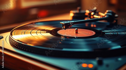 Close-up of a spinning vinyl record on a vintage turntable with tonearm and stylus, warm glowing light and a cozy nostalgic atmosphere