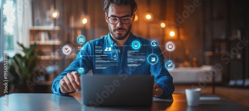 Person working on laptop in a warm home office with floating holographic data overlays and icons, cup on table, focused and engaged in digital tasks