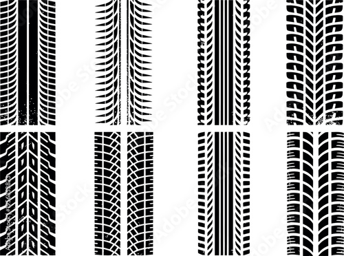Various vertical tire tracks display a diverse range of grooves and sipes for optimal traction.