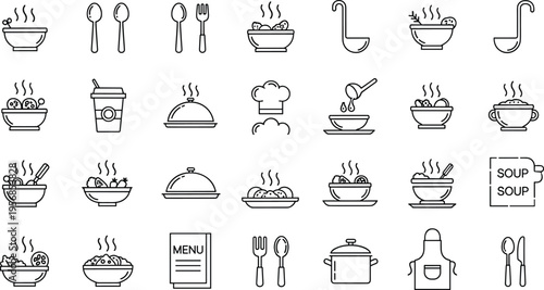 Soup Restaurant and Kitchen Line Icon Set with Bowl, Spoon, Menu, Chef Hat, Serving Tray, Pot, and Utensil Symbols