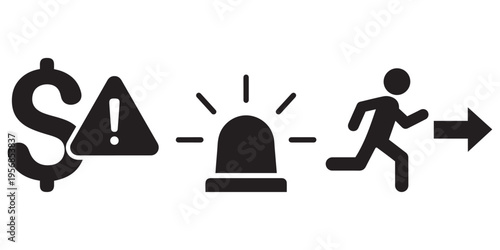 Financial crisis concept, dollar sign, warning alert, and running person silhouette icons