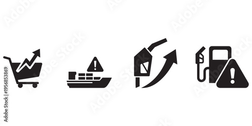 Supply chain issues and rising costs illustrated with shopping cart, cargo ship, gas pump icons