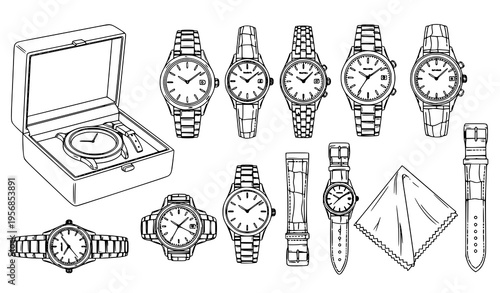 Luxury Wristwatch Line Art Vector Collection Black and White Outline Illustration