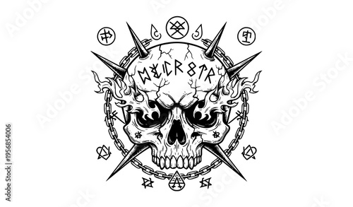 Cursed Skull with Arcane Symbols Dark Fantasy Tattoo Style Black and White Vector