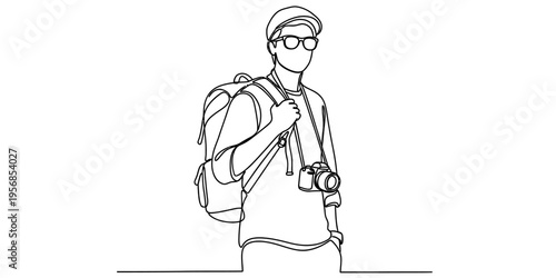 Continuous line drawing of traveler man with backpack and camera