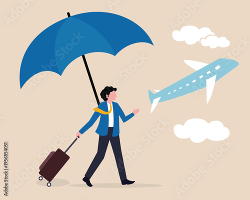 Businessman with suitcase. Travel insurance, protection for traveller, Business travel insurance concept with man under umbrella and airplane. Air Travel and Tourism vector illustration.