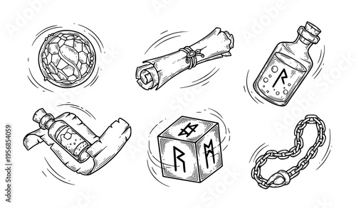 Floating Magical Artifacts Black and White Line Art Vector Illustration Set