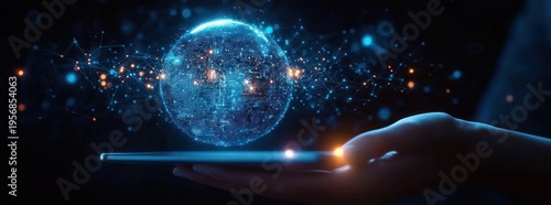A futuristic glowing globe with circuitry hovering over a hand and tablet, connected by blue network lines, evoking wonder and advanced technology.