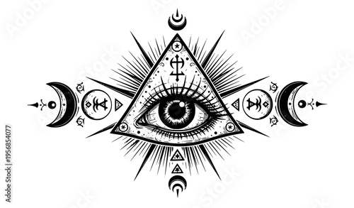 All Seeing Eye with Ritual Symbols Dark Fantasy Tattoo Style Black and White Vector