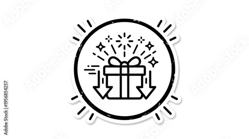 Gift Box Icon with Fireworks and Down Arrows