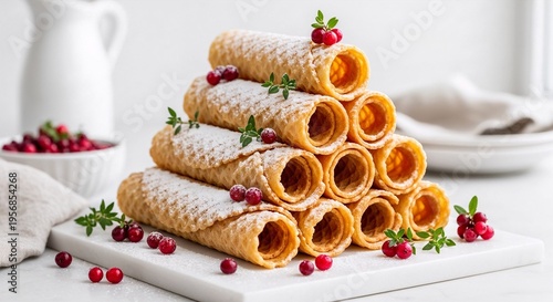Elegant Norwegian krumkake stack with delicate lace-like waffle cookies in a graceful powdered sugar tower styled on minimalist white marble
