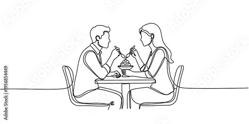 Continuous line drawing of romantic couple eating dessert at cafe