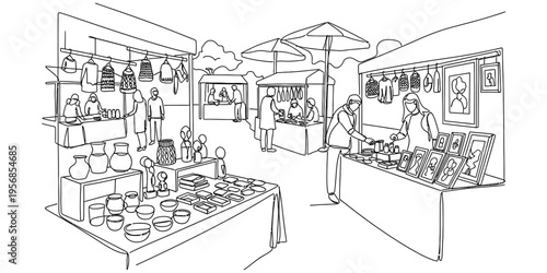 Continuous One Line Drawing of Outdoor Artisan Craft Market Stalls
