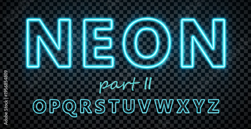 Cyan font made with led neon tube isolated on transparent background. Part 2. Light glowing effect numbers. Detailed vector illustration