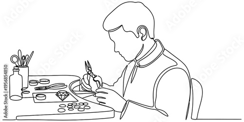 Continuous line drawing of jeweler working on diamond ring